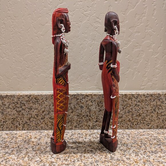 Vintage Hand Carved Wooden African Man & Woman Warrior Statues - Picture 4 of 7